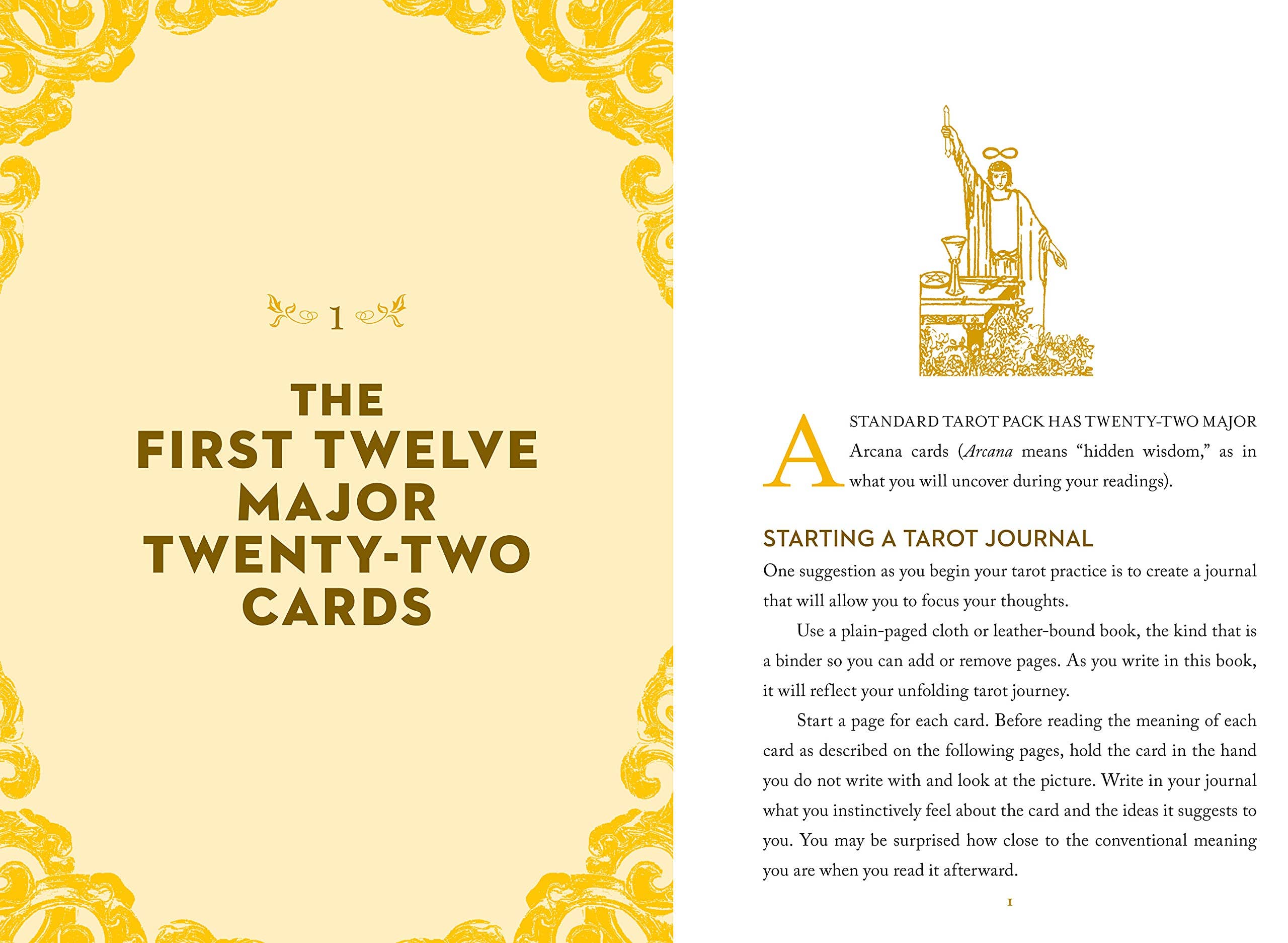 A Little Bit of Tarot by Cassandra Eason, opened to first twelve Major Cards and beginner tarot journal tips, yellow border.