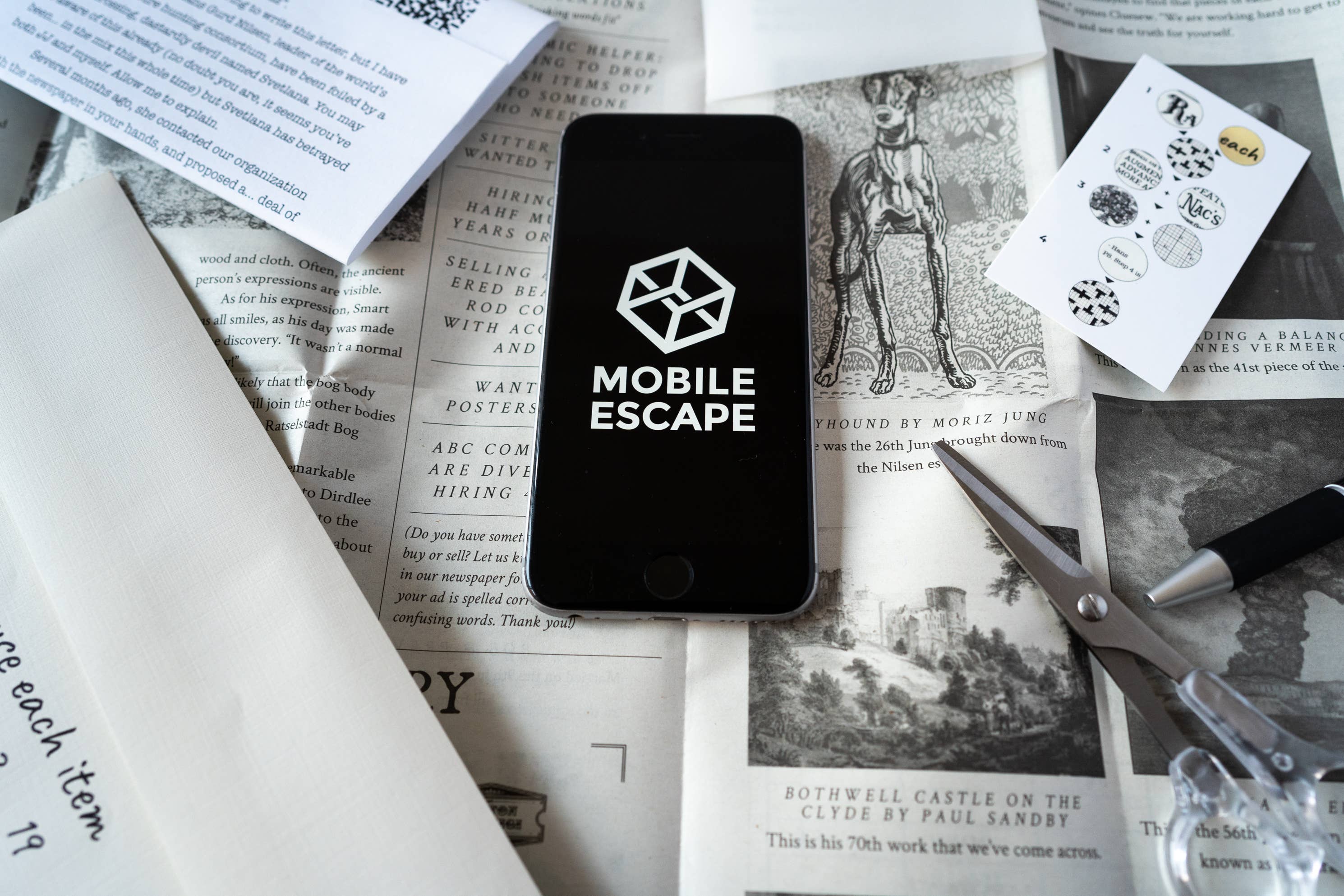 Mobile Escape on a smartphone with papers, scissors, and puzzles for Episode 10 of Family Secrets: Revelations.