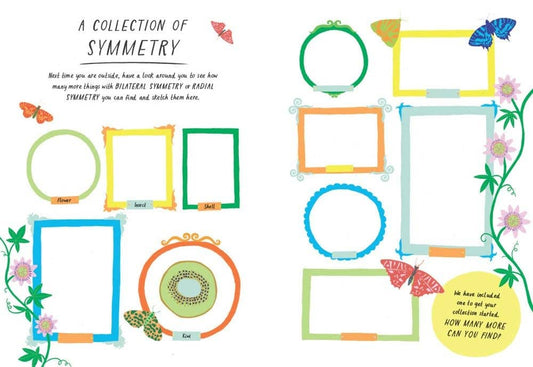 Drawn by Nature: Patterns scrapbook page with empty frames, butterflies, flowers, and symmetry text.