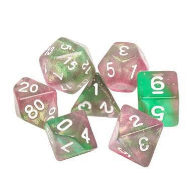 Glow in the Dark Rebirth RPG Dice Set of 7, pink and green with white numbers.