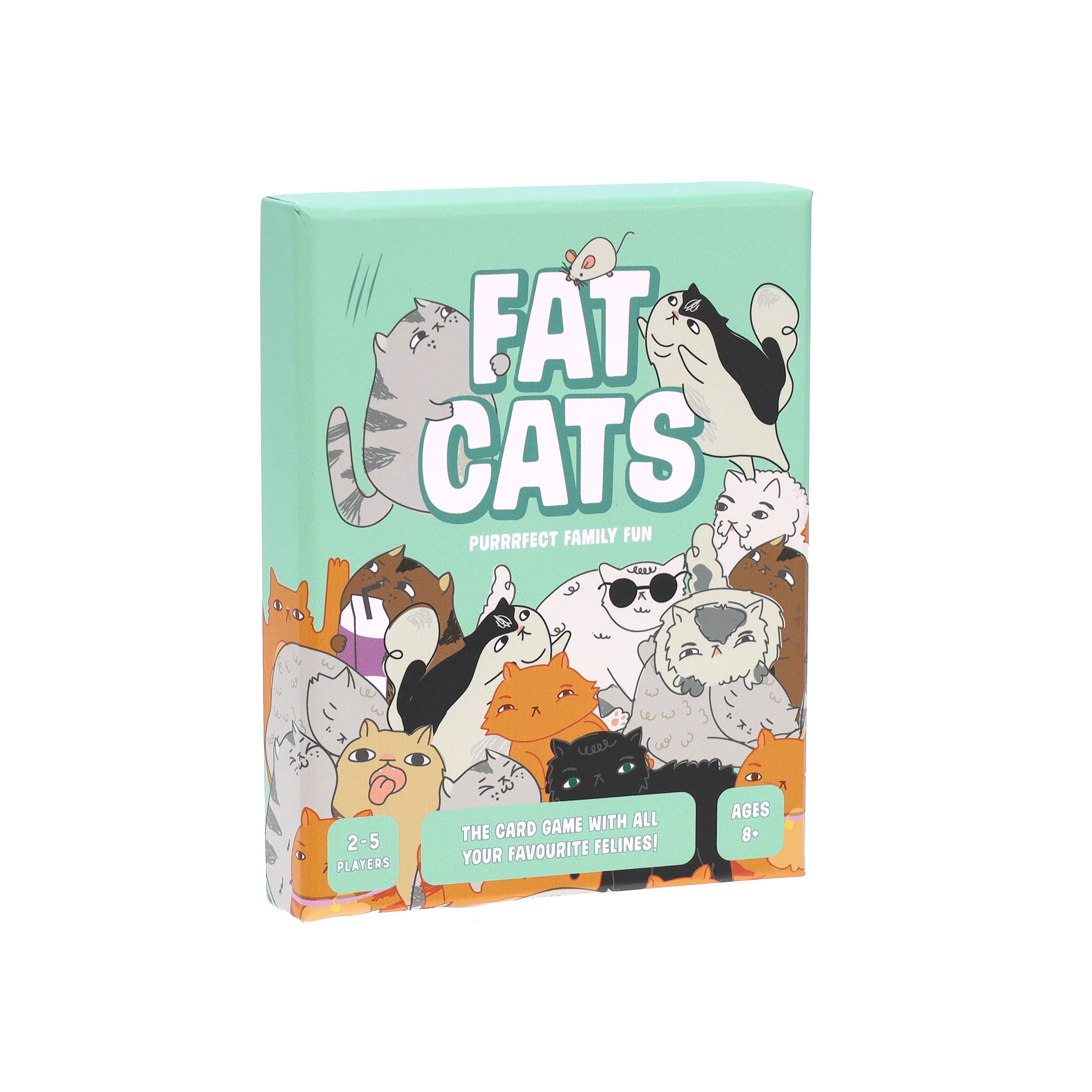 Fat Cats strategy card game for 2-5 players, ages 8+, with cartoon cat artwork on the box.