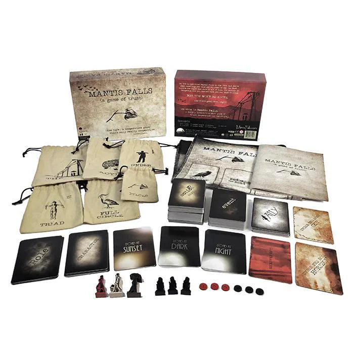 Mantis Falls game components including cards, boards, and tokens.