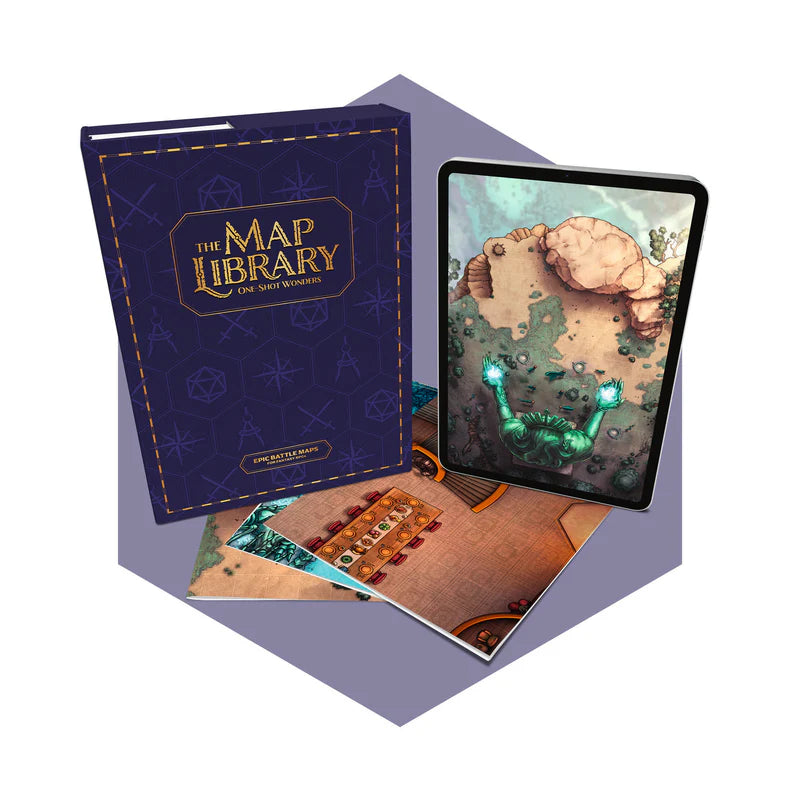 The Map Library features a book, an open tablet with hand-drawn map, and printed RPG maps.