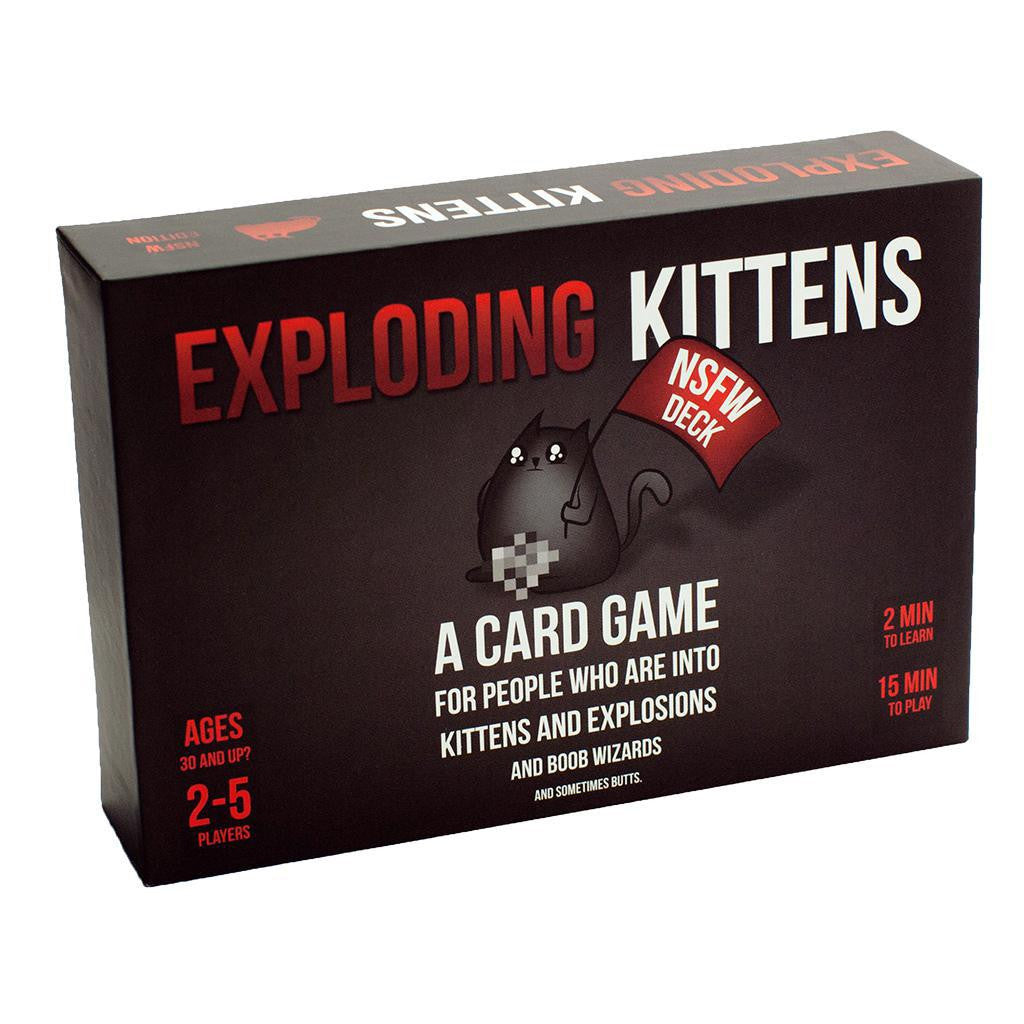 Exploding Kittens NSFW Edition deck box displaying a cartoon cat with a censored sign.
