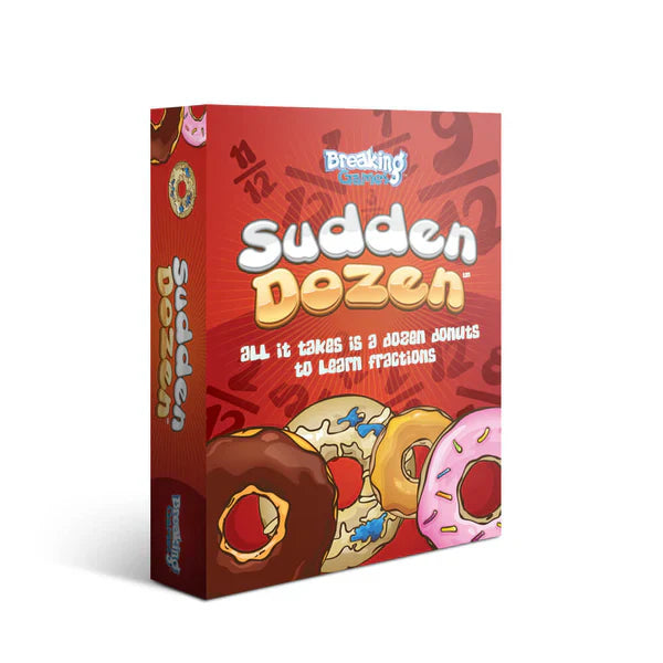 Sudden Dozen red game box featuring donuts; educational math game focused on fractions.