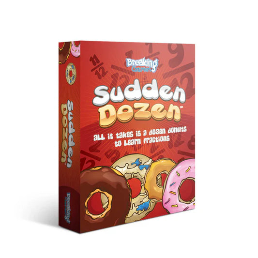 Sudden Dozen red game box featuring donuts; educational math game focused on fractions.