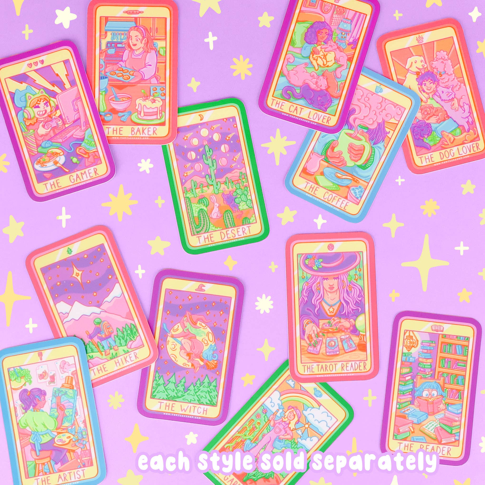 Cat Lover Tarot Card vinyl sticker featuring whimsical eco-friendly illustrations on a purple background.