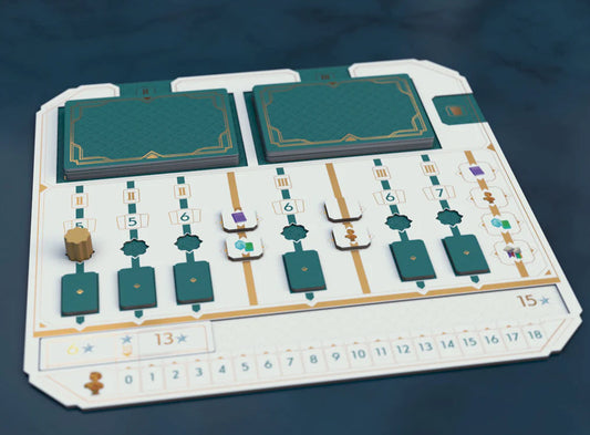 The Great Split game board with teal cards, tracks, tokens, and numbered spaces on a dark background.