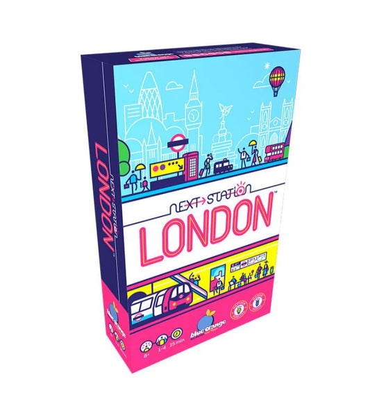 Next Station London board game box with city landmarks and an updated underground network design.