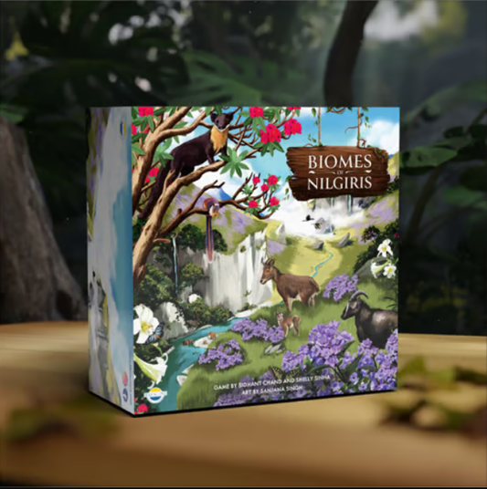 The Biomes of Nilgiris board game box featuring goats, flowers, and a waterfall on the packaging.