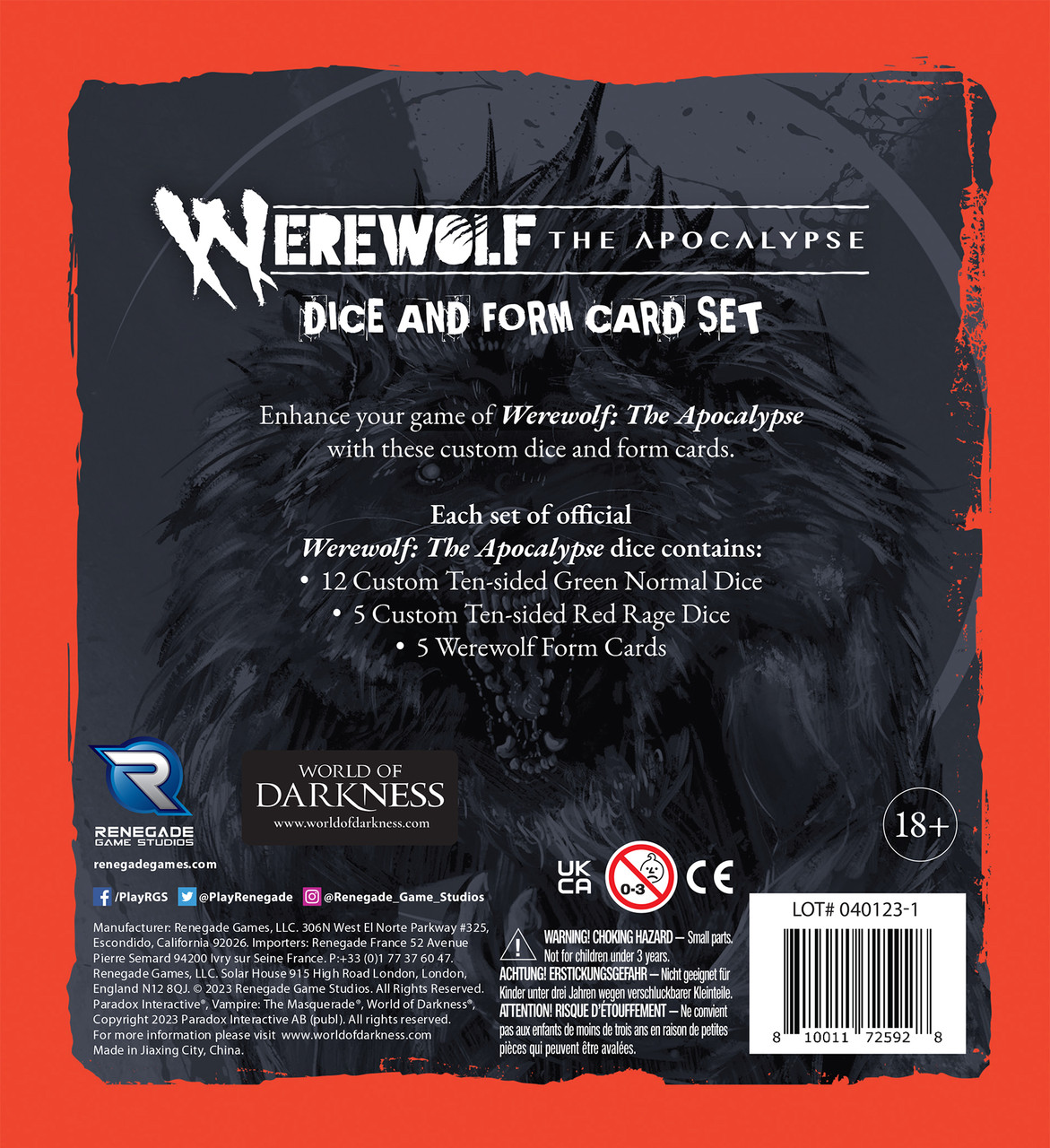 Back of Dice and Form Card Set box for Werewolf The Apocalypse 5th Edition, showing custom dice and form cards.