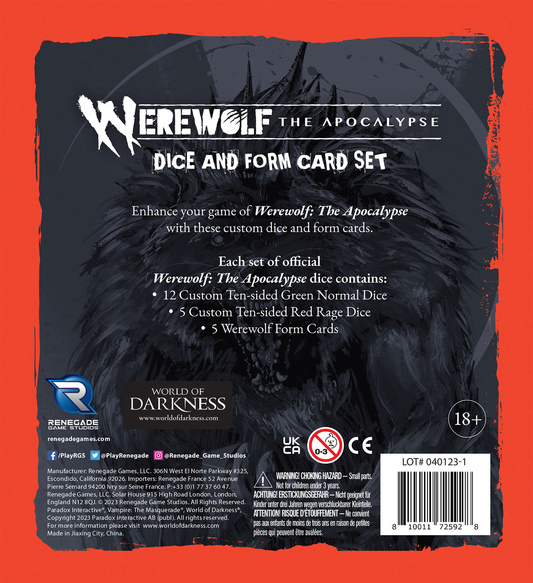 Back of Dice and Form Card Set box for Werewolf The Apocalypse 5th Edition, showing custom dice and form cards.