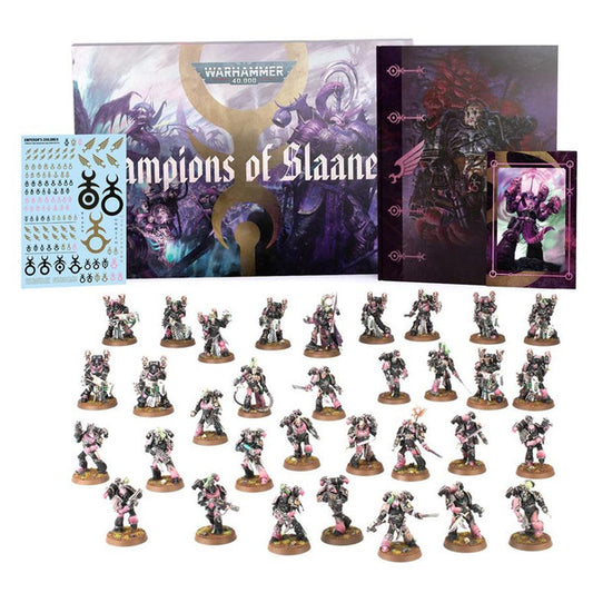 Warhammer 40,000 Emperors Children Army Set including miniatures, decals, cards, and rulebook.