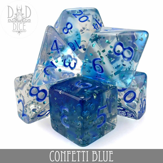 7-piece Confetti Blue acrylic dice set with blue confetti, stacked.
