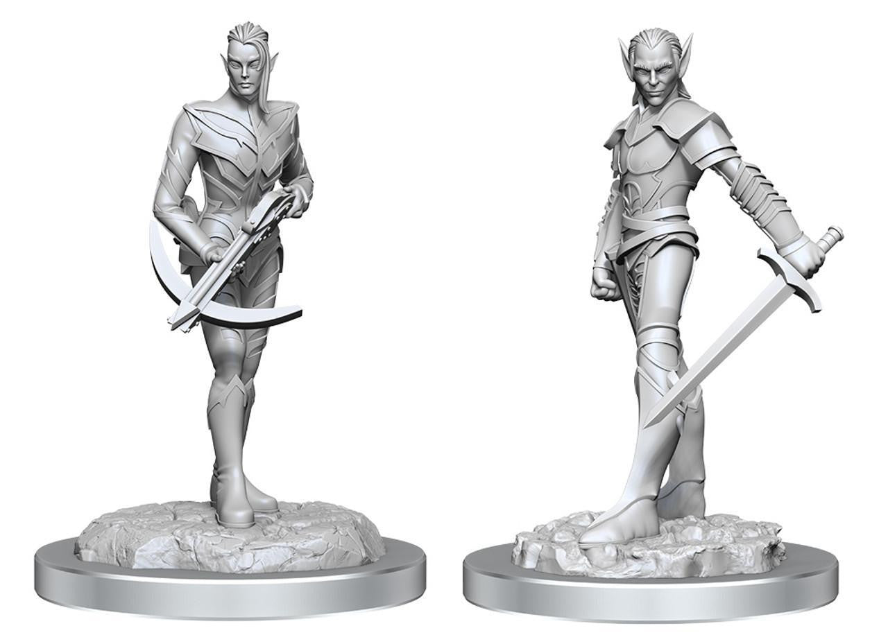 Two grayscale Drow Fighters W18 D&D NMU miniatures, one holding a crossbow, one holding a sword, both in detailed armor.