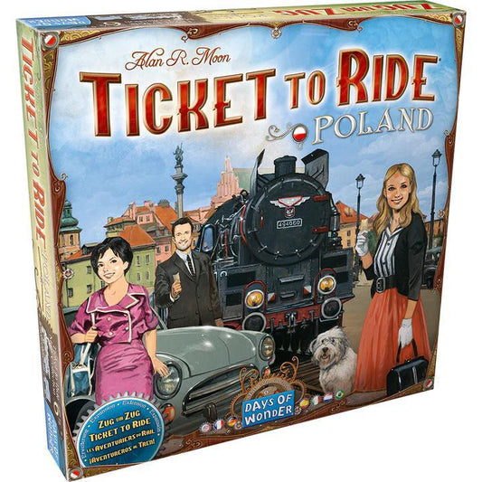 Ticket to Ride Poland Map Collection 6.5 box featuring people, a train, and a vintage car.