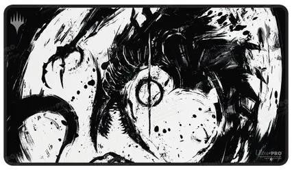 Oversize Magic the Gathering mousepad featuring black and white abstract Jin-Gitaxias art with dynamic brushstrokes.