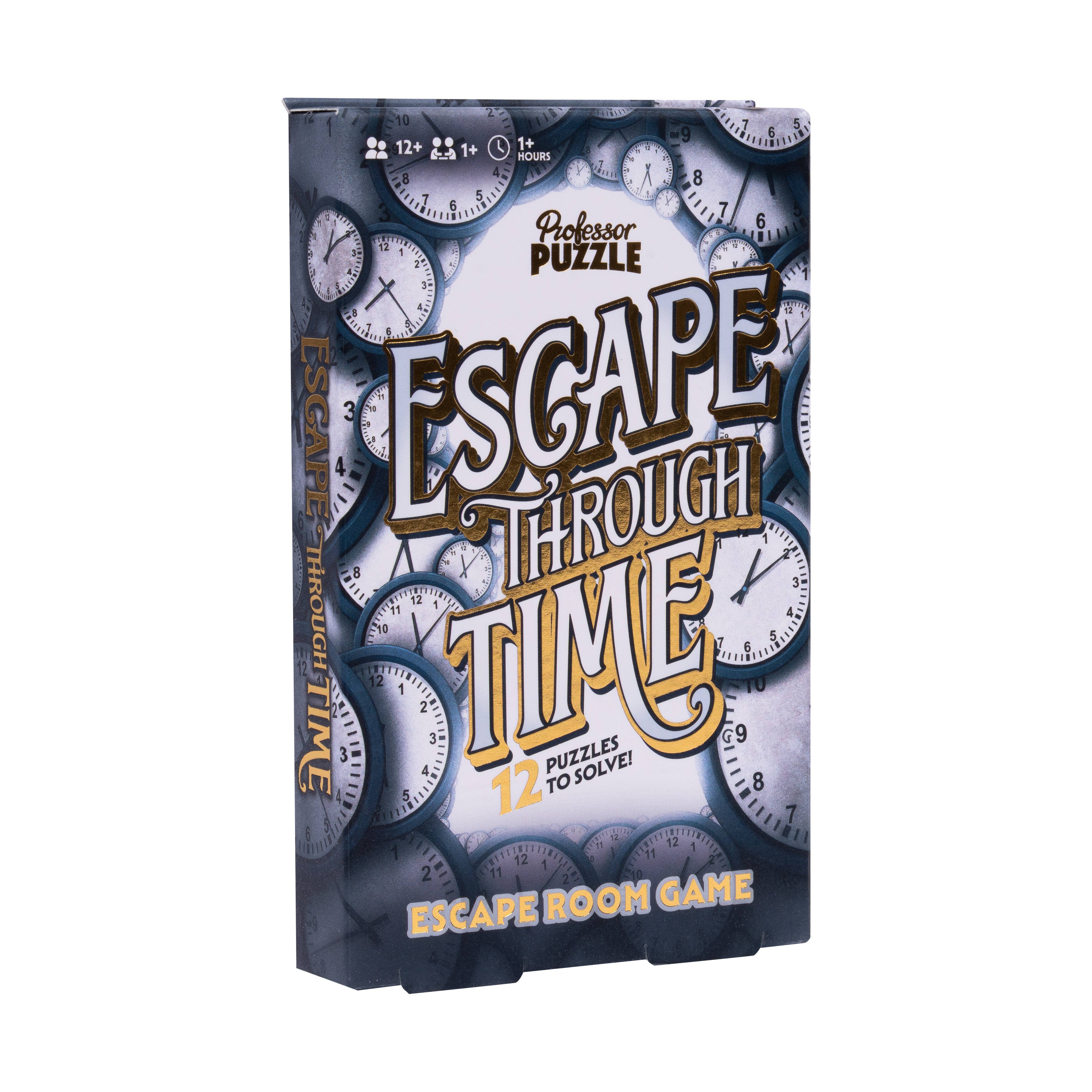 Escape Through Time puzzle game by Professor Puzzle with clock graphics and timeline repair challenges.