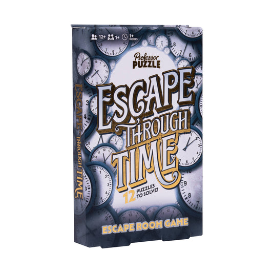 Escape Through Time puzzle game by Professor Puzzle with clock graphics and timeline repair challenges.