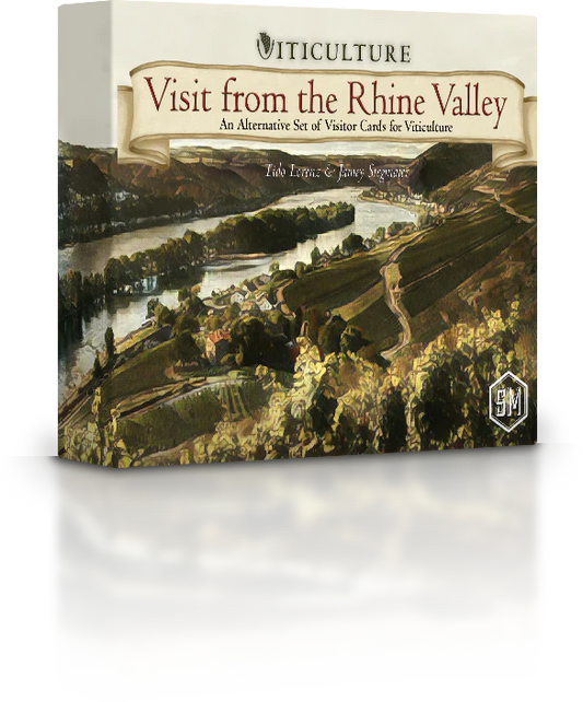 Visit from the Rhine Valley Viticulture Expansion board game add-on, featuring vineyard and river themes.