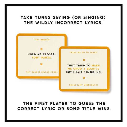 Misunderstood Songs Game party card set featuring funny misheard song lyrics to guess the correct lyrics or titles.