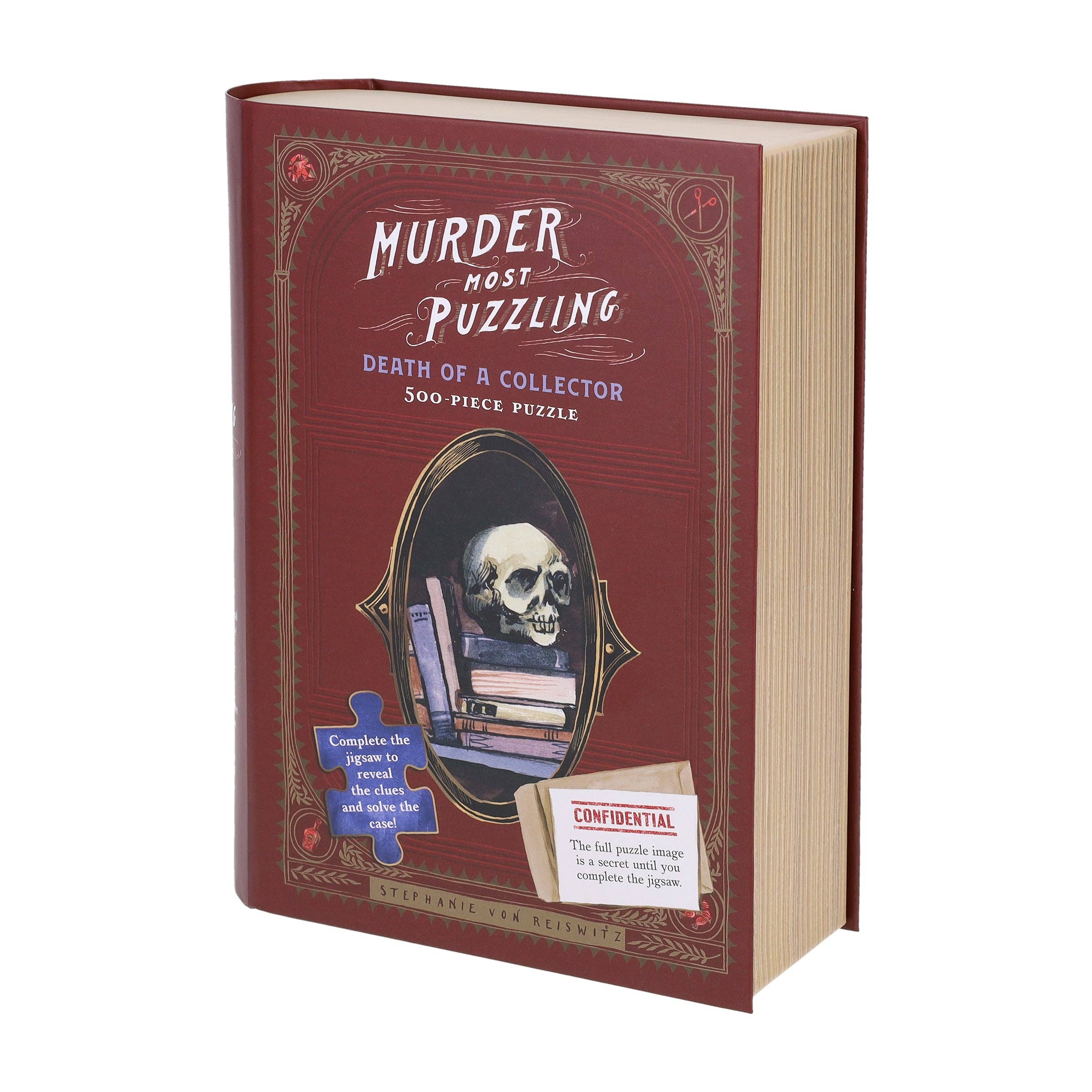 Murder Most Puzzling Death of a Collector“ 500-piece jigsaw puzzle in a book-shaped box.