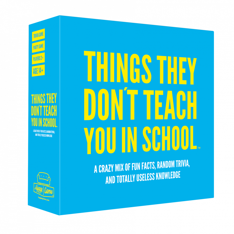 Bright blue Things They Dont Teach You in School trivia box with unexpected questions.