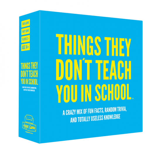 Bright blue Things They Dont Teach You in School trivia box with unexpected questions.