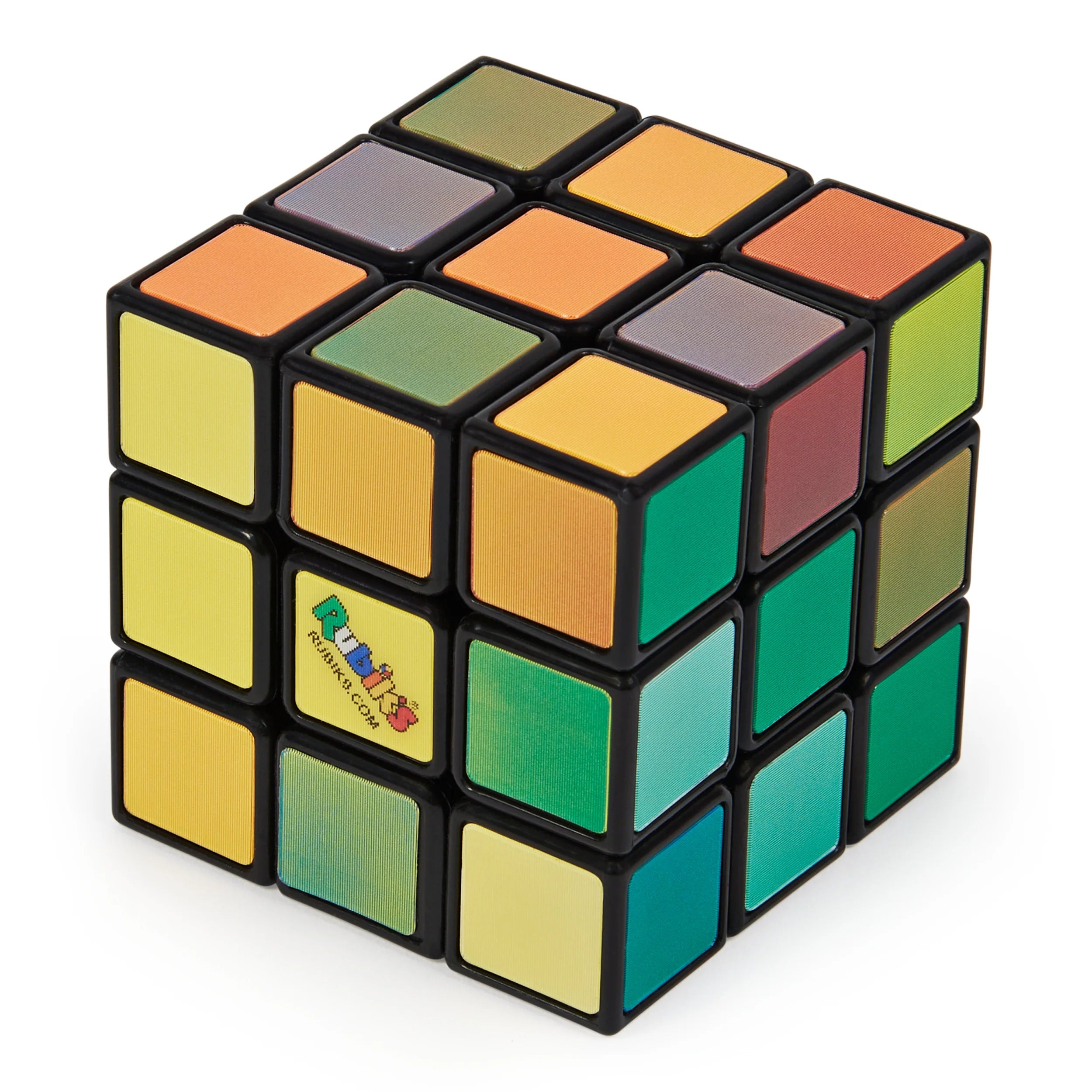 Partially solved Rubiks 3x3 Impossible Cube with colored squares on a white background.