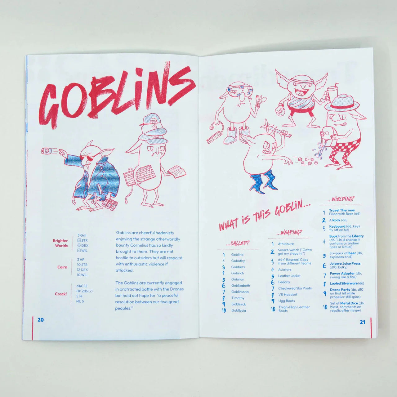 GOBLINS illustrated book spread showing goblin art and Wizard Trash Goblin Treasure from Brighter Worlds RPG.