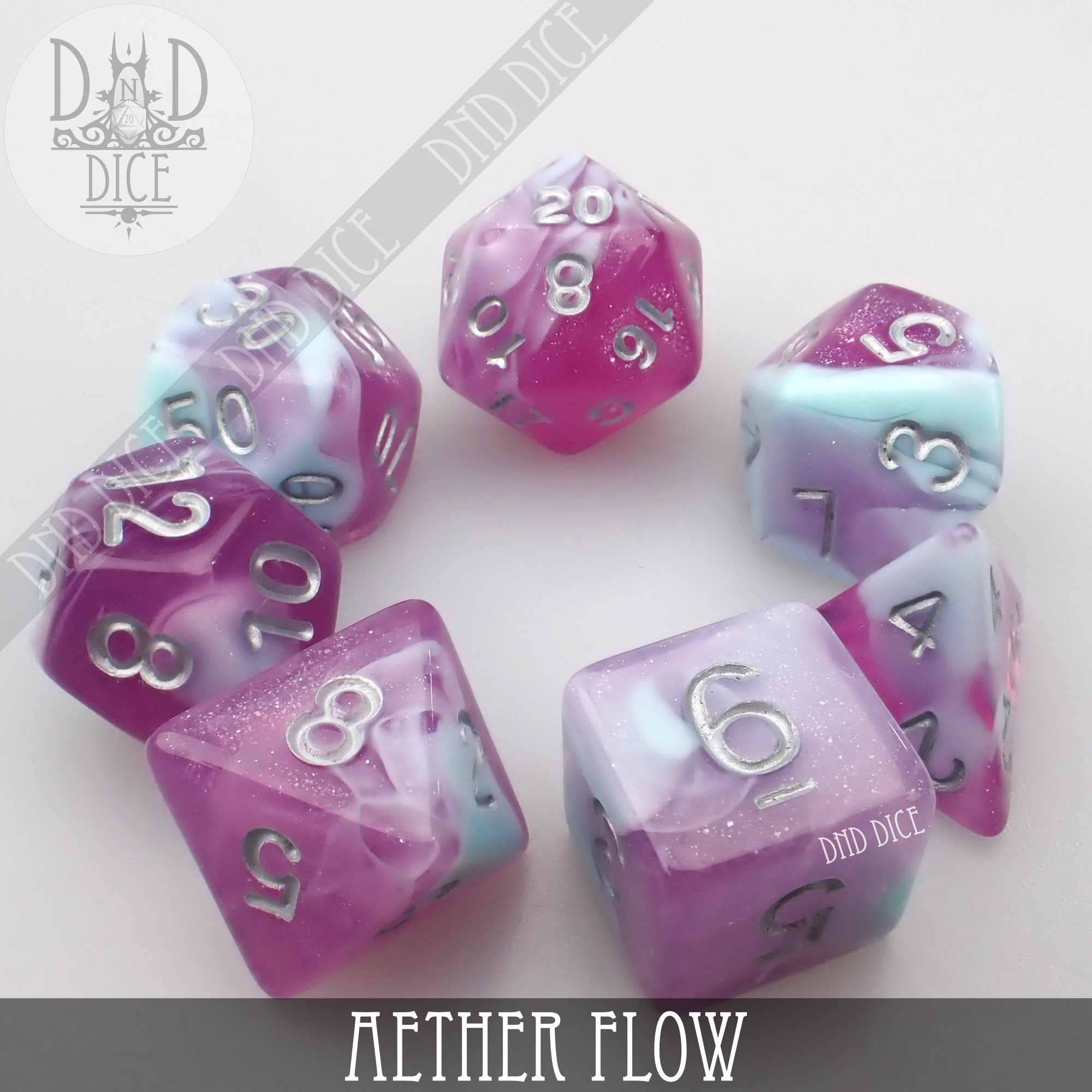 Aether Flow set of 7 acrylic dice in purple, blue, and white with silver numbers for tabletop gaming.