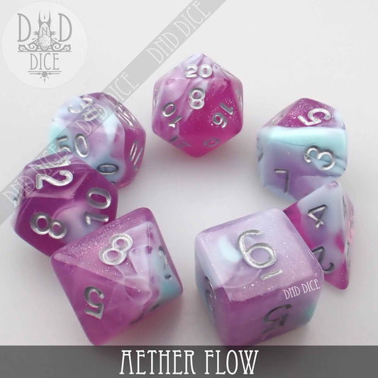 Aether Flow set of 7 acrylic dice in purple, blue, and white with silver numbers for tabletop gaming.