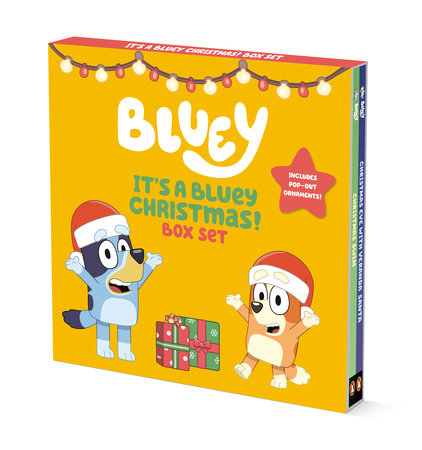 Its a Bluey Christmas Box Set featuring Bluey and Bingo on the cover with Santa hats, Christmas lights, and presents.