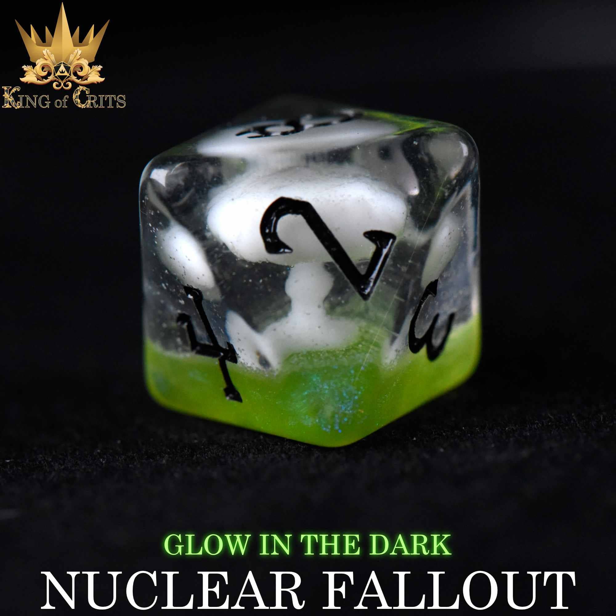 Nuclear Fallout 11 Dice Set with black numbers, clear tops, green base, and glow-in-the-dark feature for tabletop games.