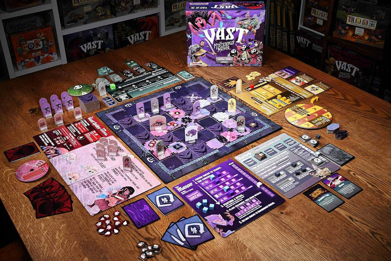 Vast The Mysterious Manor board game set up with cards, tokens, and player boards on a table.