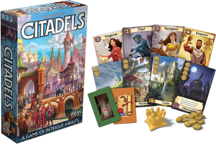 Citadels Revised Edition with character cards, gold tokens, district cards, and markers.