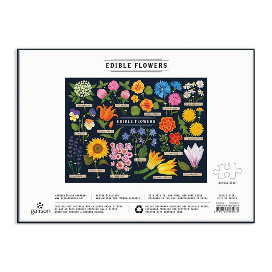 Edible Flowers 1000 Piece Puzzle with labeled edible flower illustrations and a single puzzle piece visible.