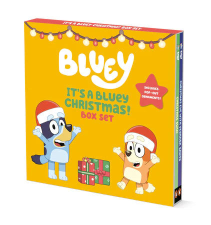 Bluey Christmas Box Set with Bluey and Bingo ornaments wearing Santa hats and holding presents.