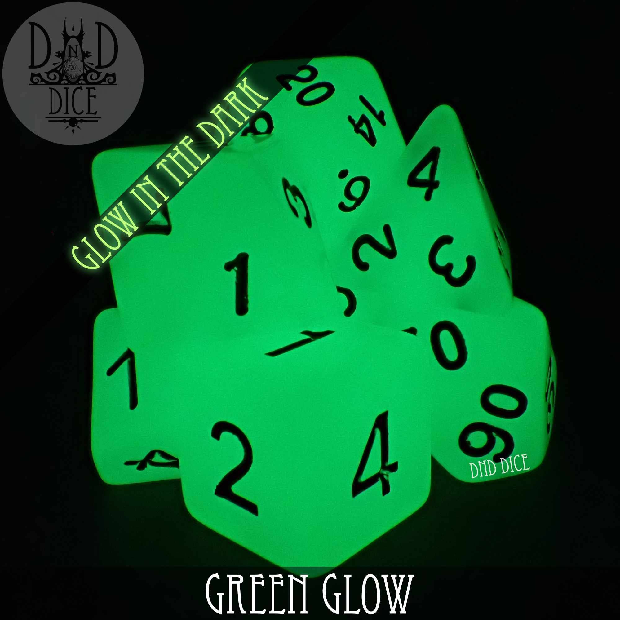 Green Glow in the Dark acrylic 7-dice set with black numbers for D&D, displayed on a black background.
