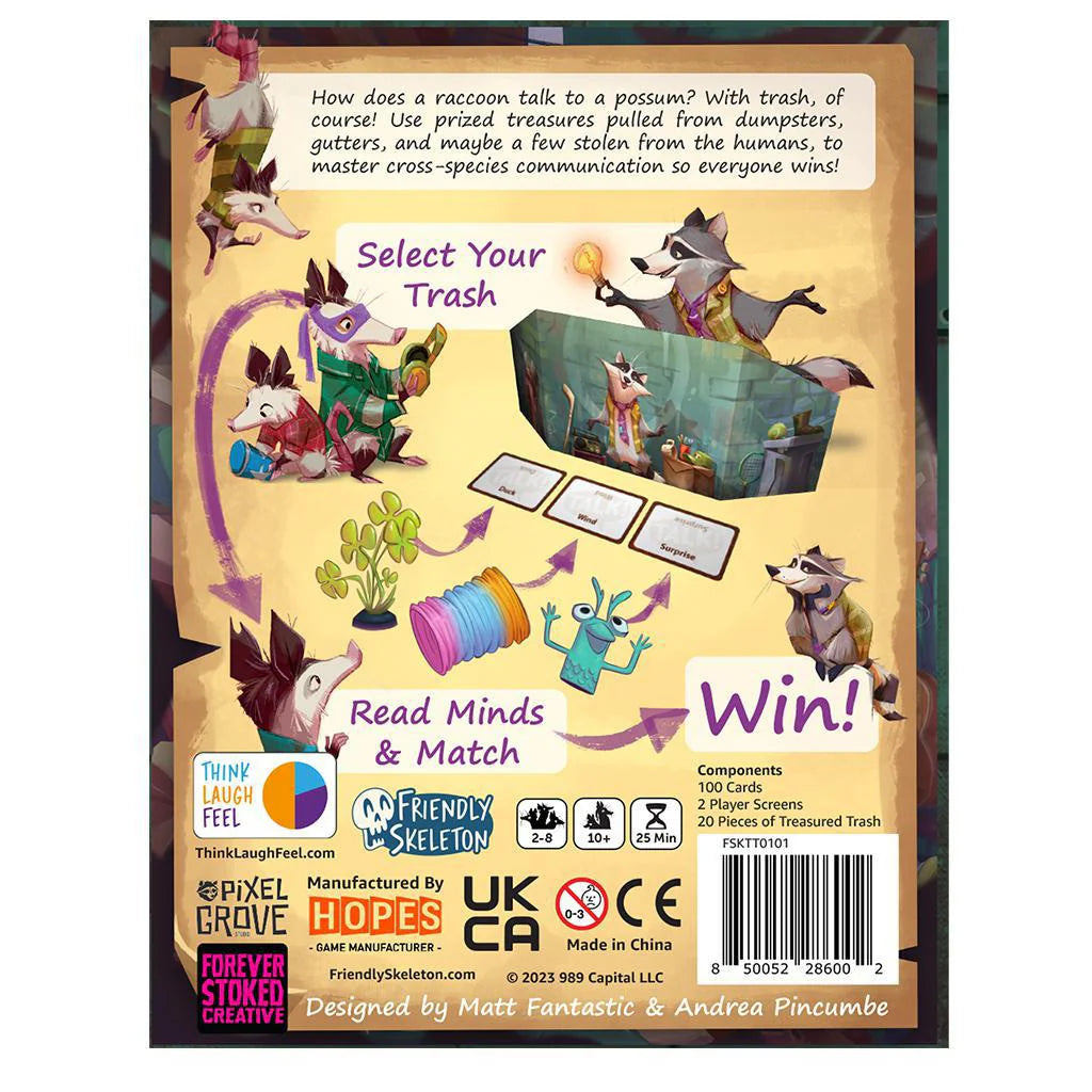 Back of Trash Talk game box showing game details and instructions.