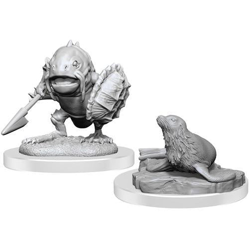 D&D Nolzurs Marvelous Miniature W20 Locathah Seal, unpainted, includes seal on rock base.