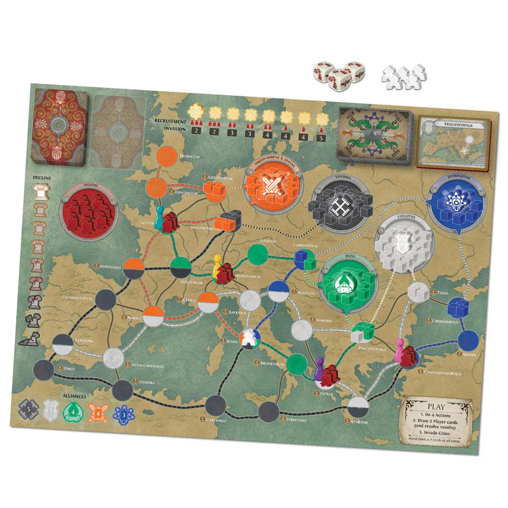 Pandemic Fall of Rome cooperative board game with regions, tokens, dice, and cards set in Roman Empire times.