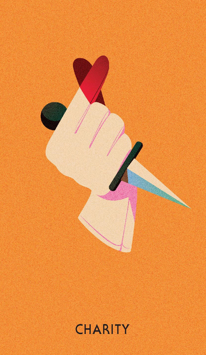 Murdle Oracle Deck card, CHARITY variant, featuring a hand holding a heart-handled dagger on an orange background.