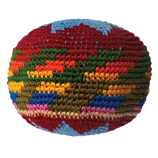 The Big Sack, a large, colorful crocheted footbag.