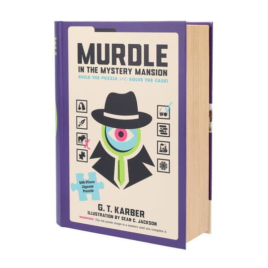 Murdle in the Mystery Mansion 500-piece jigsaw puzzle with a detective and logic challenge theme on the box.