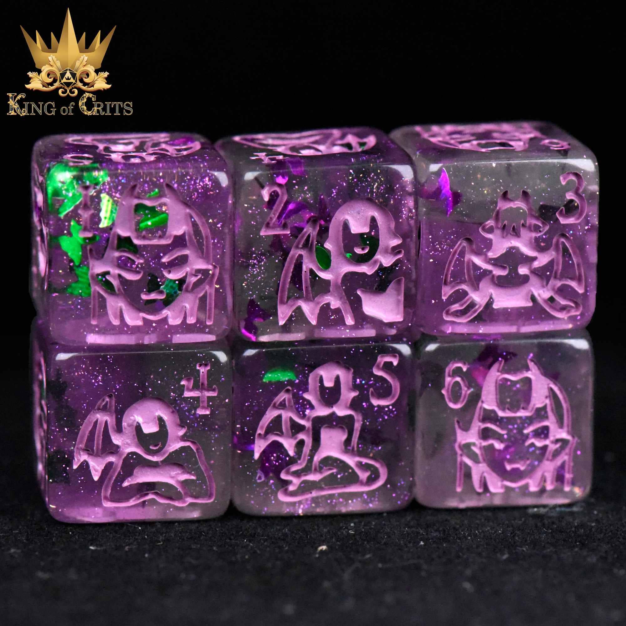 Purple glitter dice featuring demon figures, Fairy Flight inspired, 11 dice set.