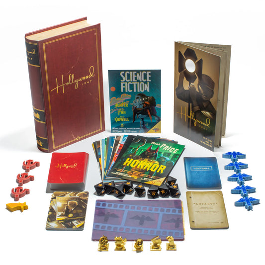 Hollywood 1947 board game components: cards, books, tokens, miniatures, and pieces on a white background.