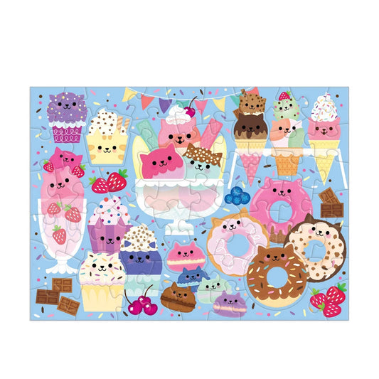 Cat Cafe 60 Piece Scratch & Sniff Puzzle featuring blue dessert pieces with smiles; scented.