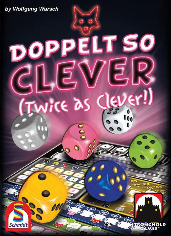 Twice As Clever (Doppelt So Clever) by Wolfgang Warsch with colorful dice and a score sheet on the cover.