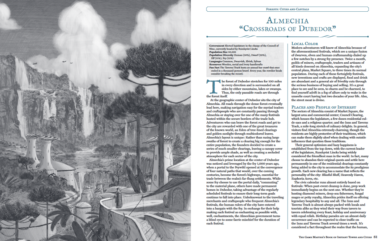 The Game Masters Book of Instant Towns and Cities cover featuring grayscale fantasy landscape with towers, waterfalls, and cliffs.